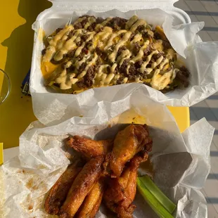 Honey old bay wings and beef nachos