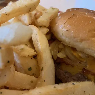 a cheeseburger and french fries