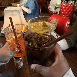 Old Fashion, pickle martini and coke