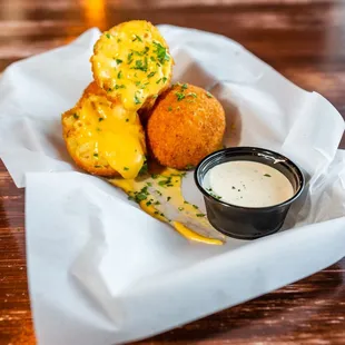 Mac and Cheese Balls with Pasilla Ranch Dip!