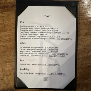 Wine Menu (Table)