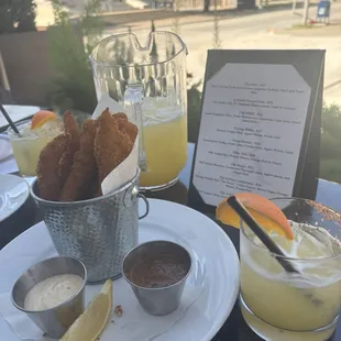 Patio area, rope in bucket appetizers (calamari strips), Texas breeze cocktails!