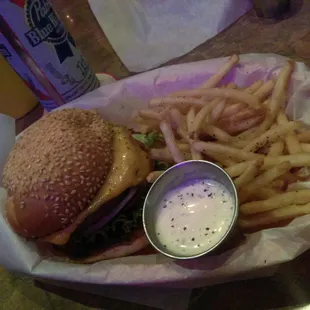 Happy hour 1/4b cheeseburger. $6.00Yummy.