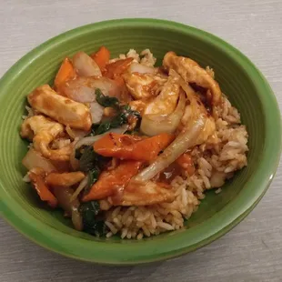 Stir fried chicken lemon strips.