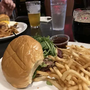 Bourbon bacon burger with shoestring fries &amp; a porter to wash it down