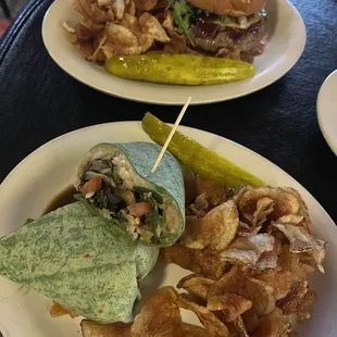 Bourbon bacon burger &amp; Bella bean wrap