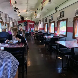 the interior of a diner car