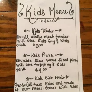 a menu for a kid's menu