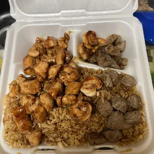 Hibachi chicken, steak and shrimp.  Their portions are generous and saving more than half for tomorrow!