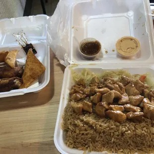 Chicken Hibachi w/fried rice &amp; cabbage.  Chicken egg rolls  Crab Rangoon