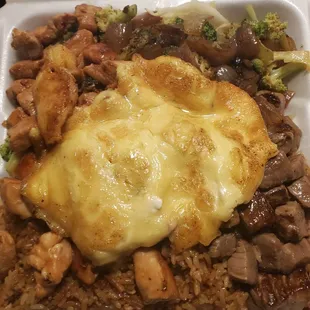 Habachi chicken and steak with egg yolk sauce.