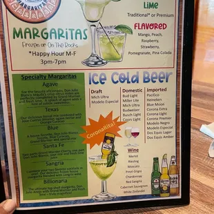 a menu for margaritas