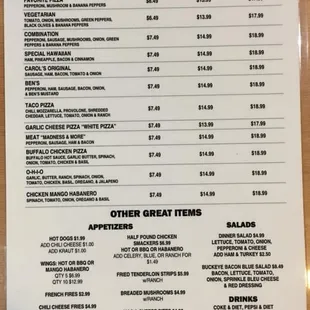 a menu for a pizza restaurant