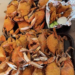 a table full of crabs