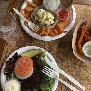 Black bean burger and fried shrimp