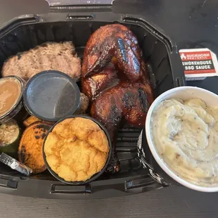 2 meat combo: chargrilled tri-tip add barbecue chicken with roasted vegetables, garlic mashed potatoes and cornbread