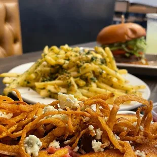 Buckhouse blue cheese tri tip sandwich , garlic fries and a tri tip burger!