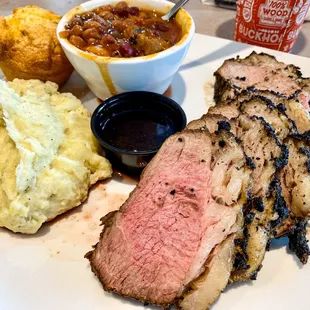 12 oz tri tip plate - mashed potatoes, beans, corn bread - medium rare