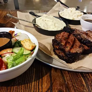 Feast for 2. Tri tip x2, mash, Mac, salad, cornbread