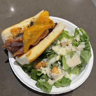 Bacon Cheddar Buck Tri Tip Sandwich + Caesar salad