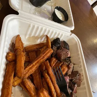 Tri tip bites with sweet potato fries for $12.