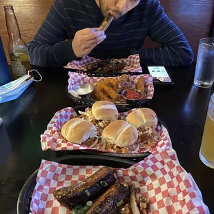 Bottom to top (Thai Ribs, Sliders, Mozzarella Sticks)