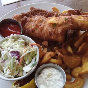Fish 'n' chips with tasty, crispy chips and the blandest coleslaw I've ever had.  No taste whatsoever in the slaw.