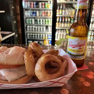 Grilled chicken sandwich and Onion rings