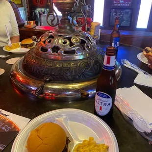 a burger and macaroni and cheese