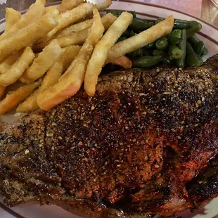 Ribeye, fries, green beans
