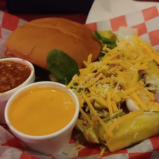 BBQ basket with side salad and extra side of beans