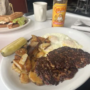 Spicy breakfast is to die for!!! Pickle is from my wife's BLT with fried egg on it... also delish