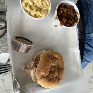 Pork bbq sandwich, cowboy beans and Mac and cheese