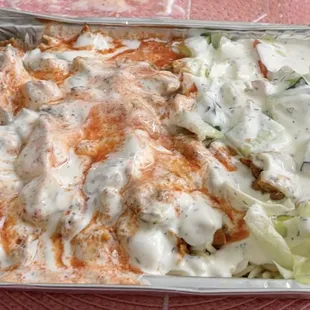 chicken and lamb over rice and salad