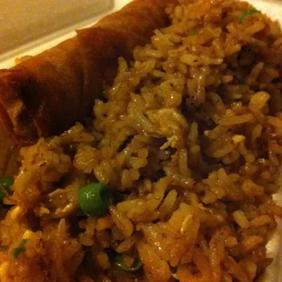 Egg roll and fried rice.