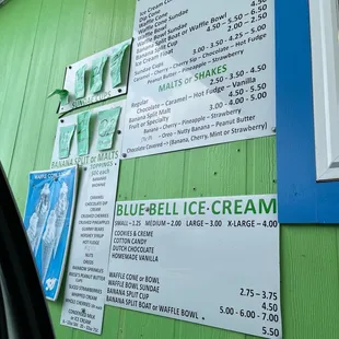 a menu for blue bell ice cream