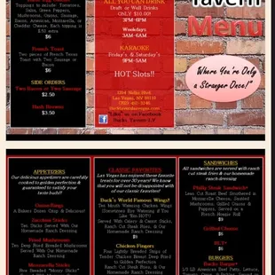 the menu for buck&apos;s tavern