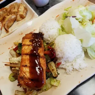 Teriyaki salmon with photo bombing gyoza. That gyoza is delicious and the salmon is done the way I like it.