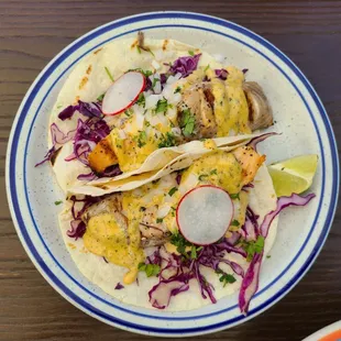 Salmon fish tacos, $15