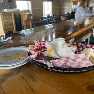 a plate of food on the bar