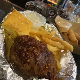 Smoked meatloaf, cornbread and fries