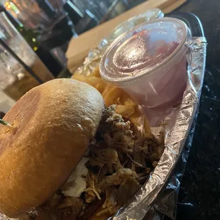 Bourbon brisket sandwich and fries