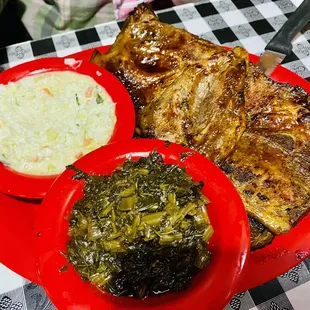 Sliced shoulder platter with mixed greens &amp; (sweet) coleslaw. There are 3 huge pieces of sliced shoulder