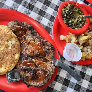 Pork shoulder, cornbread, potatoes and greens