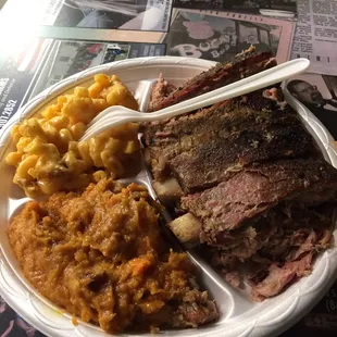 Rib dinner with sweet potato crunch and Mac and cheese