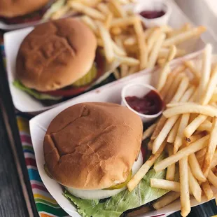 two burgers and fries