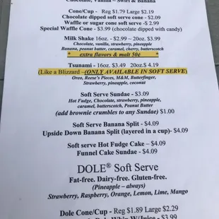 Soft serve ice cream menu