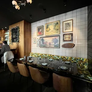 a dining room with a long table