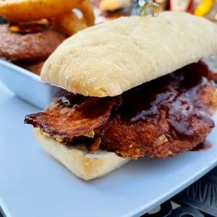 Grippos-(BBQ chips) crusted pork tenderloin. BBQ sauce and candied bacon