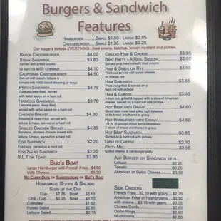 a menu for burgers and sandwiches